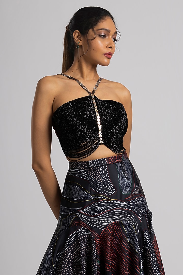 Black Taffeta & Crepe Printed Skirt Set by Rajat tangri at Pernia's Pop Up Shop