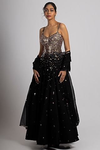 Black Linen Satin Hand Embroidered Gown With Dupatta by Rajat tangri 
