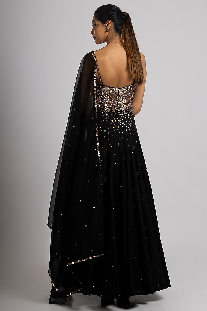 Black Linen Satin Hand Embroidered Wedding Gown With Dupatta by Rajat tangri  at Pernia's Pop Up Shop