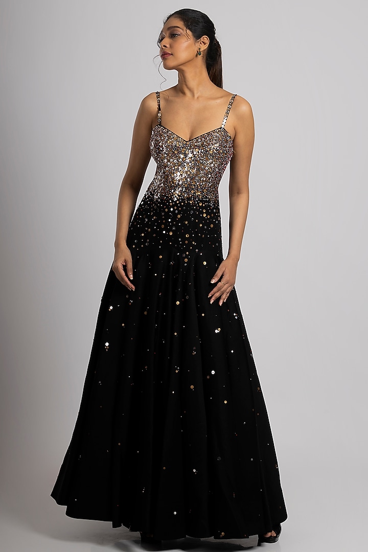Black Linen Satin Hand Embroidered Wedding Gown With Dupatta by Rajat tangri  at Pernia's Pop Up Shop