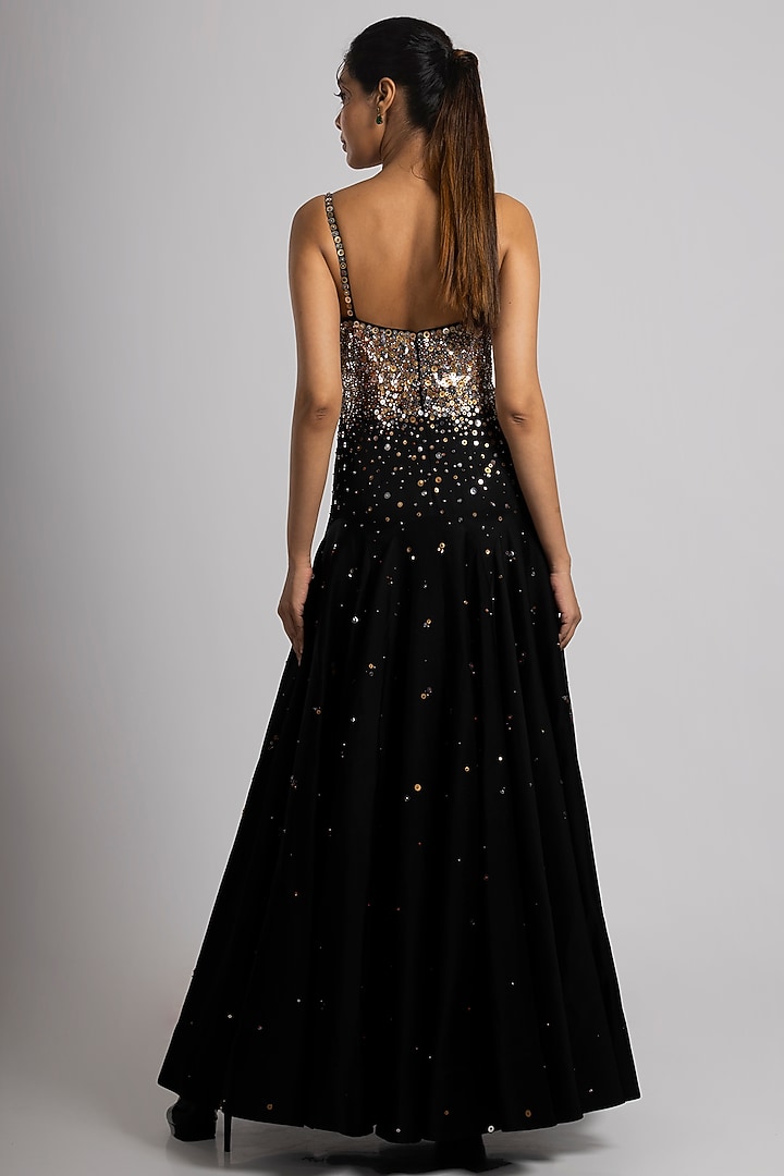 Black Linen Satin Hand Embroidered Wedding Gown With Dupatta by Rajat tangri  at Pernia's Pop Up Shop