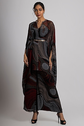 Black Georgette Hand Embroidered Kaftan Set by Rajat tangri 