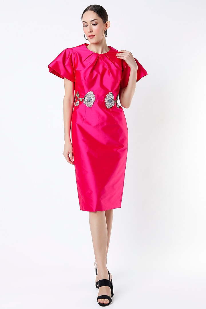 Fuchsia Hand Embroidered Dress by Rajat tangri 