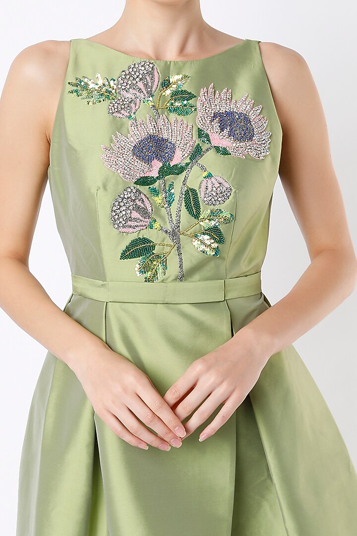 Olive Hand Embroidered Mini Cocktail Dress by Rajat tangri at Pernia's Pop Up Shop