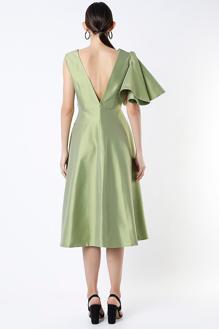 Olive Hand Embroidered Flared Cocktail Dress by Rajat tangri at Pernia's Pop Up Shop