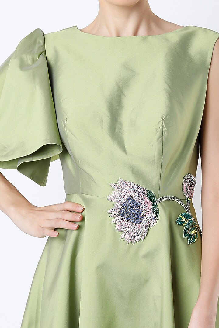 Olive Hand Embroidered Flared Cocktail Dress by Rajat tangri at Pernia's Pop Up Shop