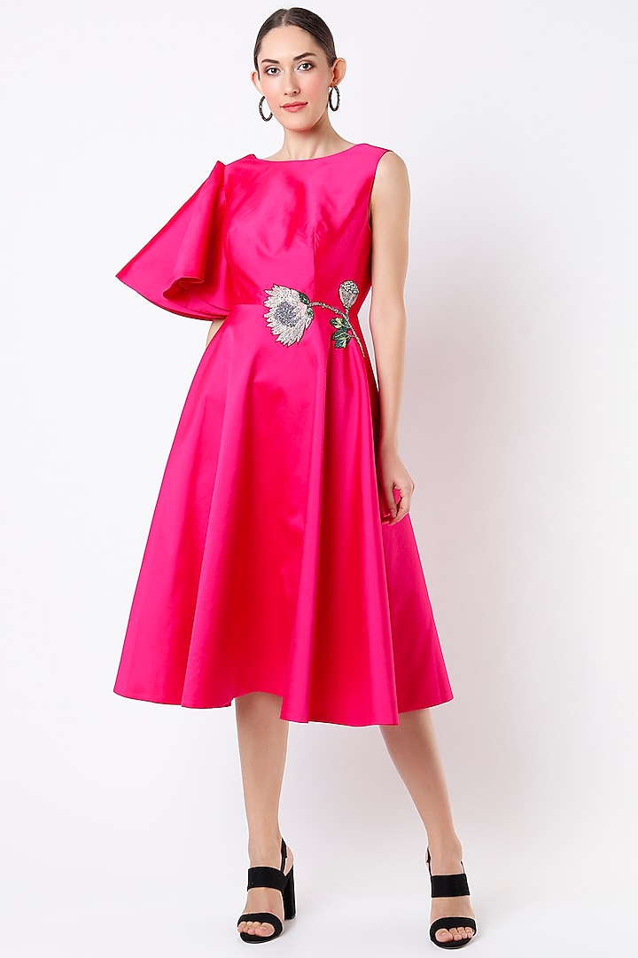 Fuchsia Hand Embroidered Flared Dress by Rajat tangri