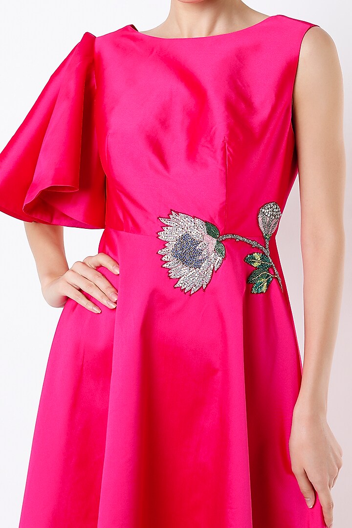Fuchsia Hand Embroidered Flared Cocktail Dress by Rajat tangri at Pernia's Pop Up Shop