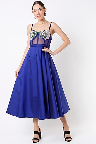 Cobalt Blue Hand Embroidered Corset Dress by Rajat tangri 