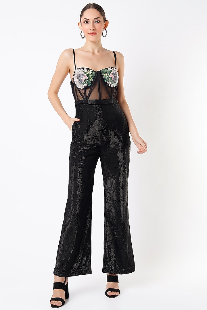 Black Hand Embroidered Jumpsuit by Rajat tangri 