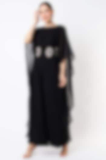 Black Hand Embroidered Jumpsuit With Cape by Rajat tangri at Pernia's Pop Up Shop