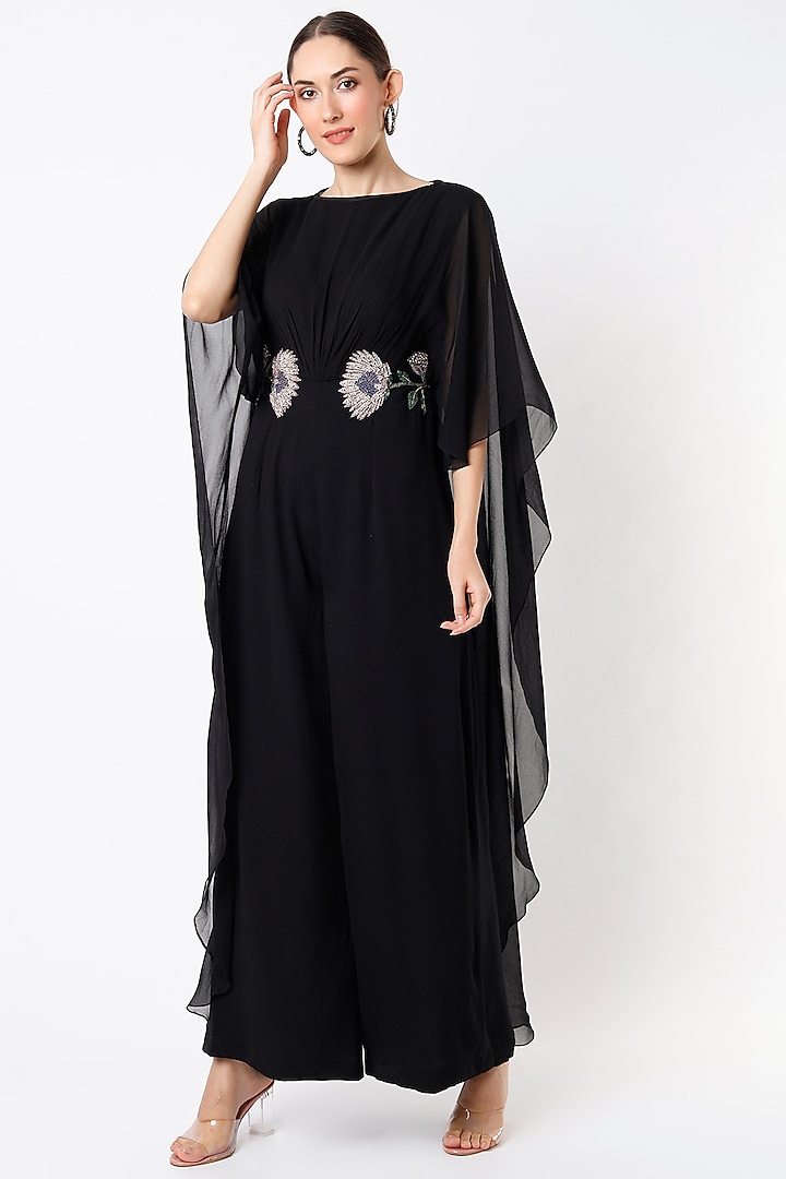 Black Hand Embroidered Jumpsuit With Cape by Rajat tangri at Pernia's Pop Up Shop