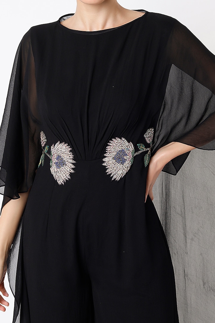 Black Hand Embroidered Jumpsuit With Cape by Rajat tangri at Pernia's Pop Up Shop