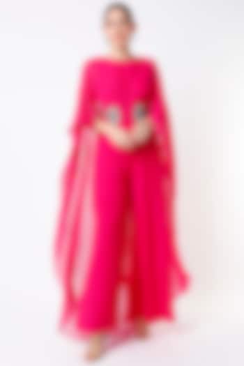 Fuchsia Hand Embroidered Jumpsuit by Rajat tangri 