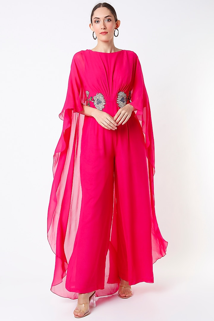 Fuchsia Hand Embroidered Jumpsuit by Rajat tangri 