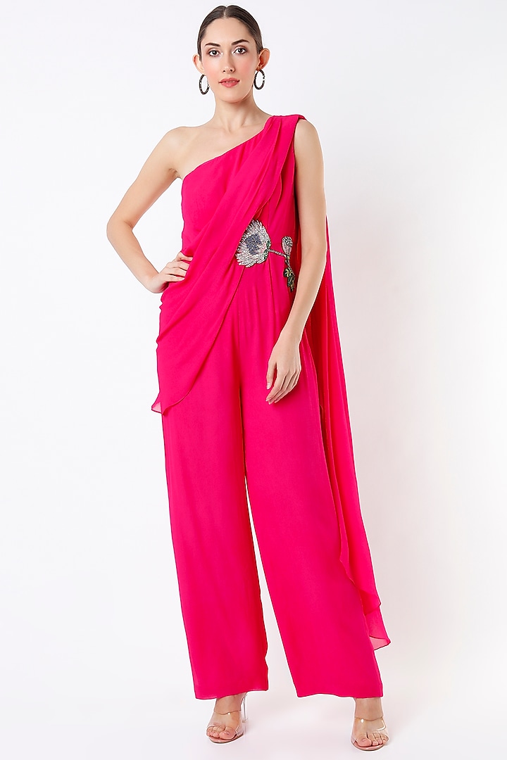 Fuchsia Hand Embroidered Draped Jumpsuit by Rajat tangri