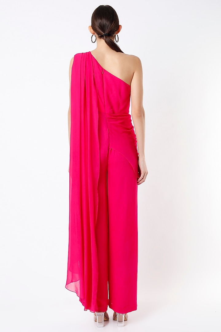 Fuchsia Hand Embroidered Draped Jumpsuit by Rajat tangri at Pernia's Pop Up Shop
