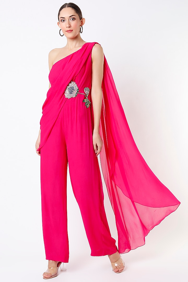 Fuchsia Hand Embroidered Draped Jumpsuit by Rajat tangri at Pernia's Pop Up Shop