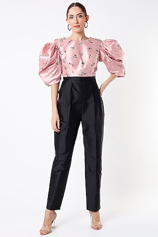 Dusty Rose & Black Hand Embroidered Jumpsuit by Rajat tangri