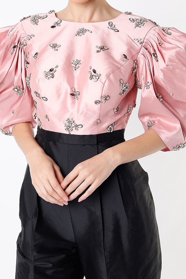 Dusty Rose & Black Hand Embroidered Jumpsuit by Rajat tangri at Pernia's Pop Up Shop
