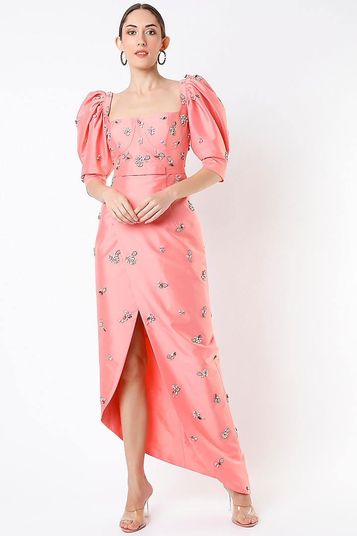 Dusty Rose Hand Embroidered Gown by Rajat tangri 