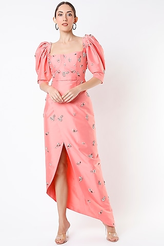 Dusty Rose Hand Embroidered Gown by Rajat tangri 