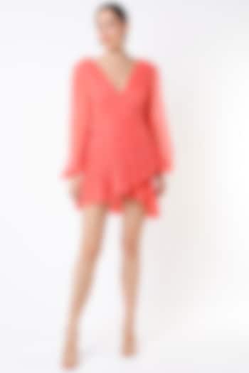 Coral Hand Ruched Mini Dress by Rajat tangri 