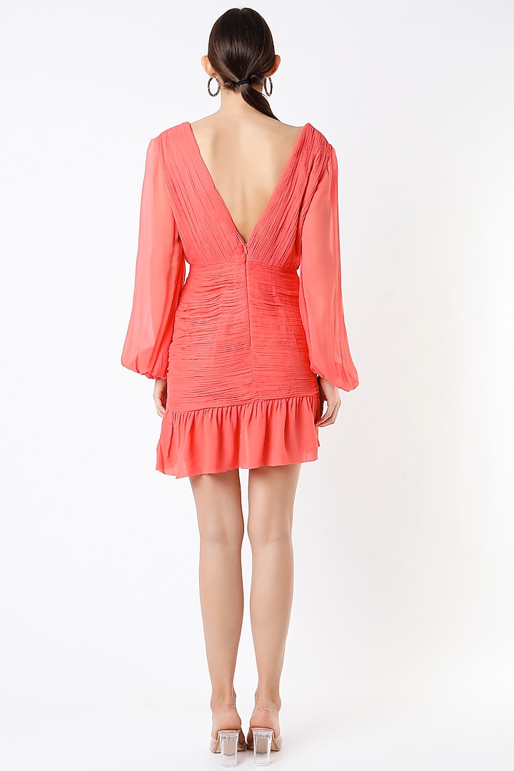 Coral Hand Ruched Mini Vacation Dress by Rajat tangri at Pernia's Pop Up Shop