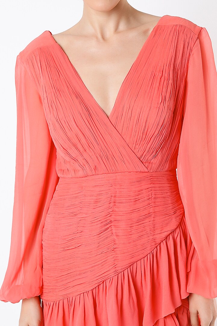 Coral Hand Ruched Mini Vacation Dress by Rajat tangri at Pernia's Pop Up Shop