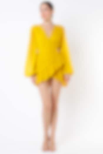 Canary Yellow Hand Ruched Mini Dress by Rajat tangri 