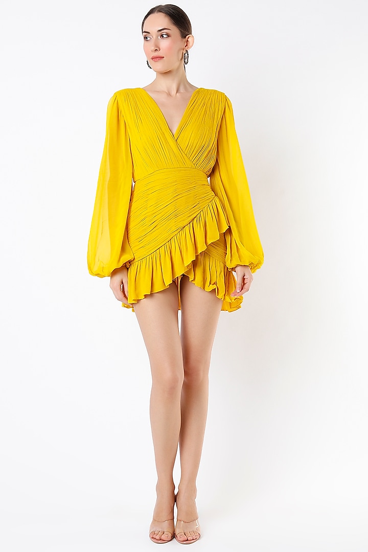 Canary Yellow Hand Ruched Mini Dress by Rajat tangri 