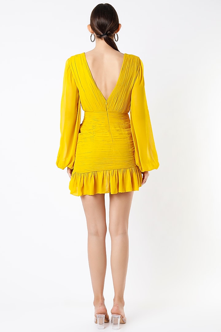 Canary Yellow Hand Ruched Mini Vacation Dress by Rajat tangri at Pernia's Pop Up Shop