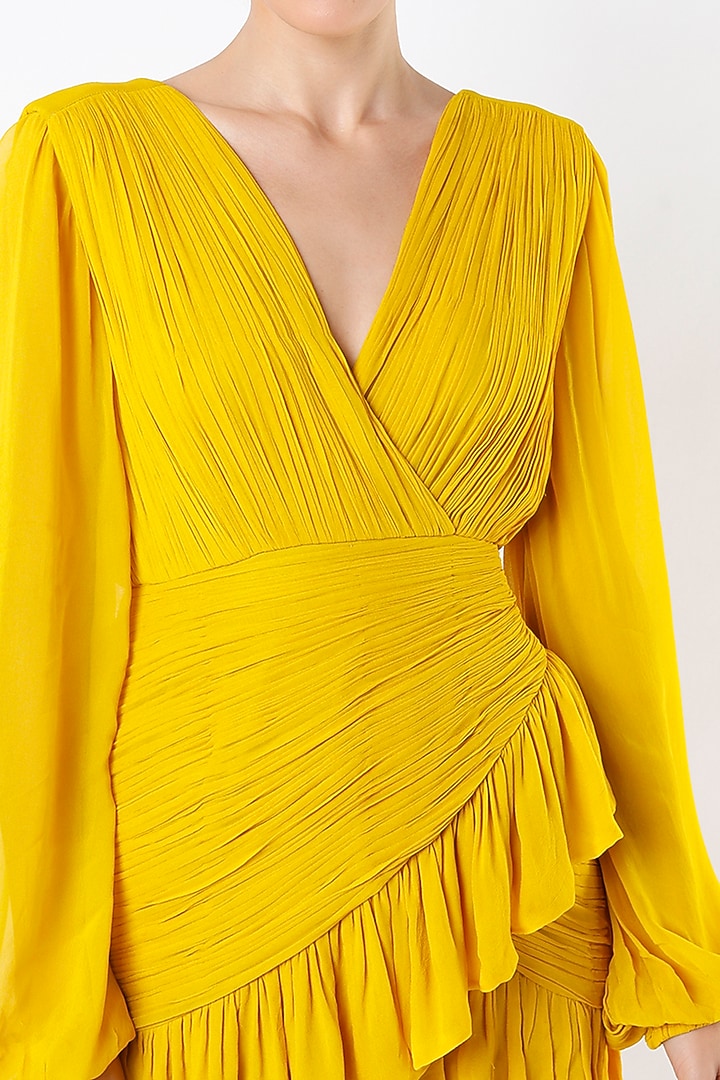 Canary Yellow Hand Ruched Mini Vacation Dress by Rajat tangri at Pernia's Pop Up Shop