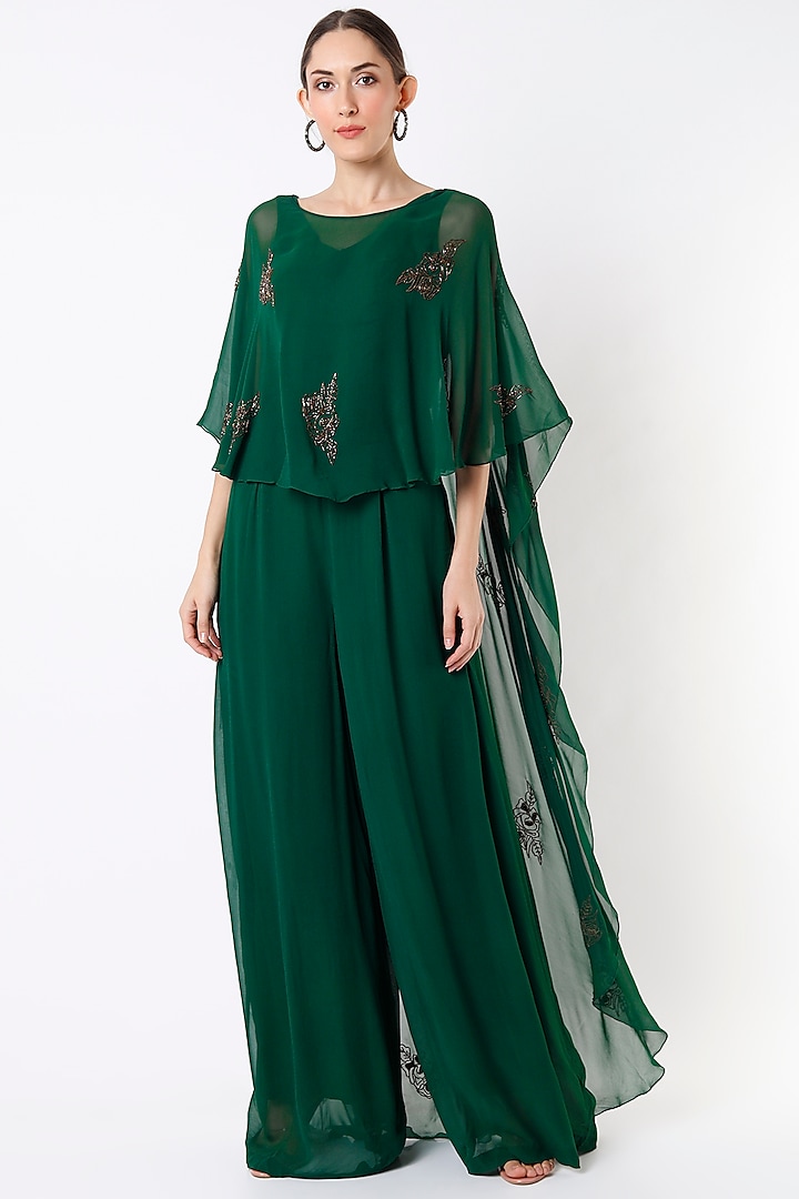 Emerald Hand Embroidered Jumpsuit by Rajat tangri 