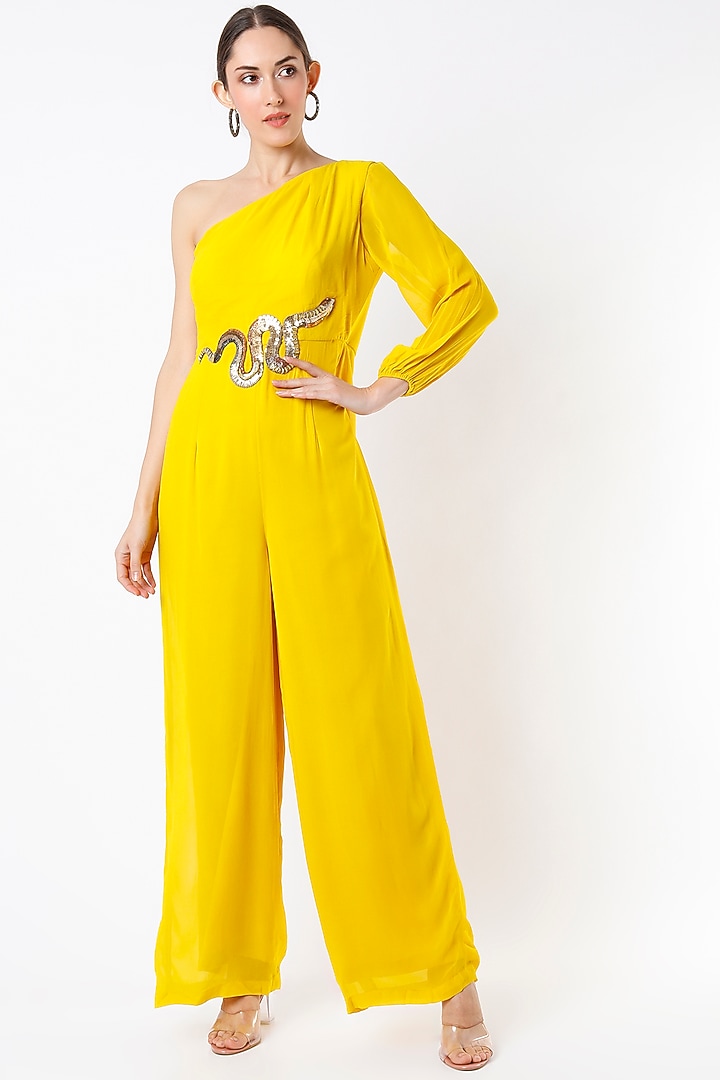 Canary Yellow Hand Embroidered Jumpsuit by Rajat tangri  at Pernia's Pop Up Shop