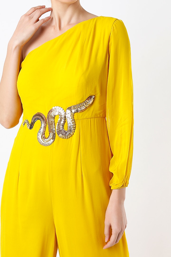 Canary Yellow Hand Embroidered Jumpsuit by Rajat tangri at Pernia's Pop Up Shop