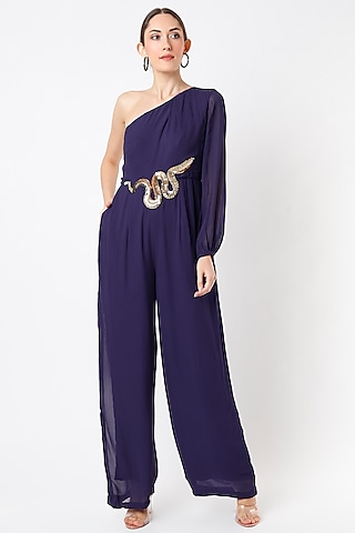 Cobalt Blue Georgette Hand Embroidered Jumpsuit by Rajat tangri 