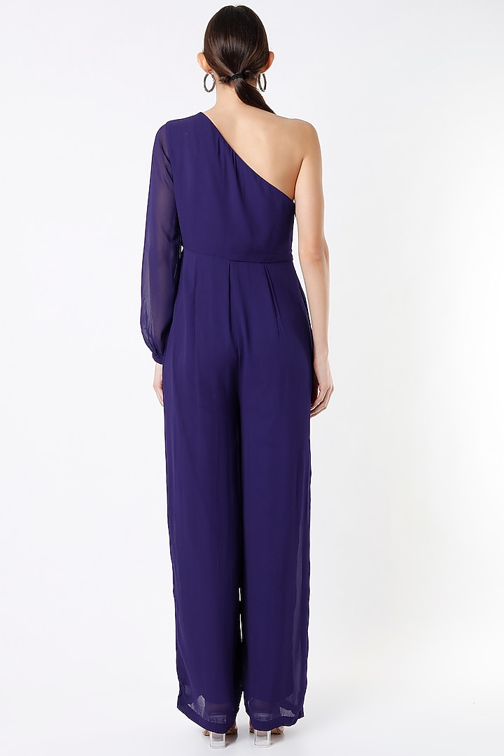 Cobalt Blue Georgette Hand Embroidered Jumpsuit by Rajat tangri at Pernia's Pop Up Shop