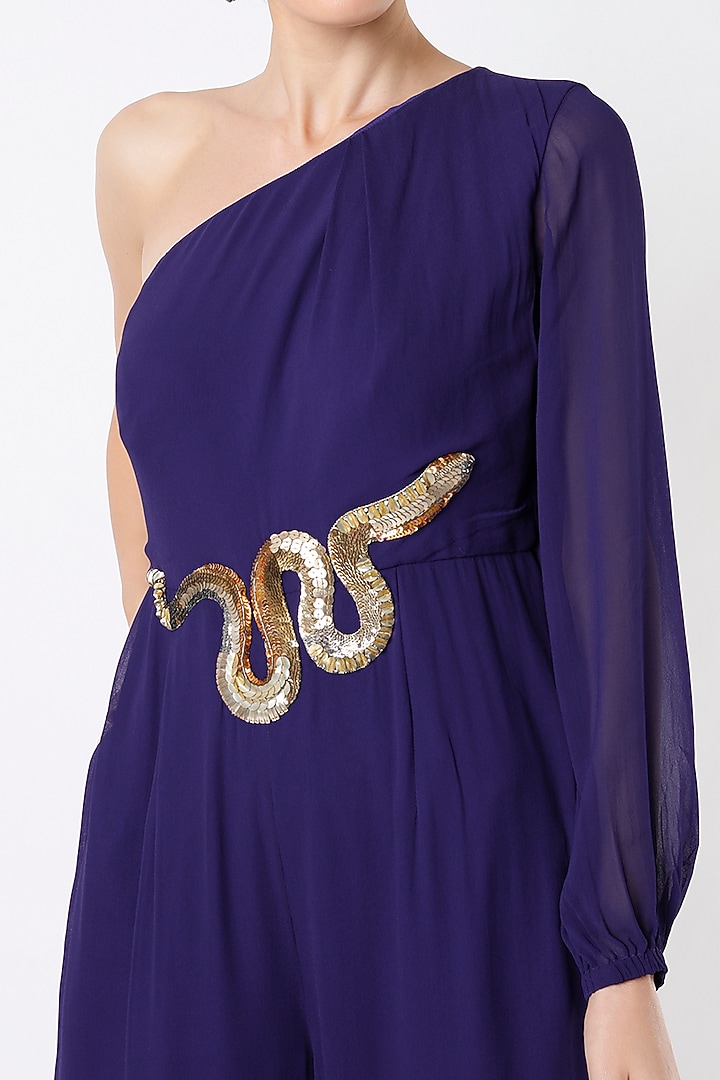 Cobalt Blue Georgette Hand Embroidered Jumpsuit by Rajat tangri at Pernia's Pop Up Shop