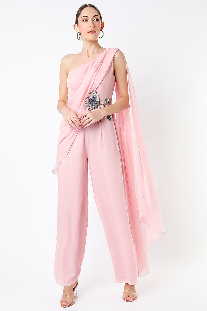 Dusty Rose Hand Embroidered Draped Jumpsuit by Rajat tangri  at Pernia's Pop Up Shop