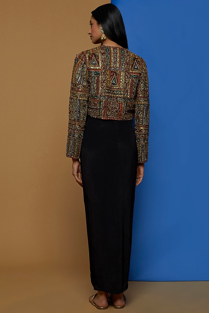 Black Crepe Draped Skirt Set by Rajat tangri at Pernia's Pop Up Shop
