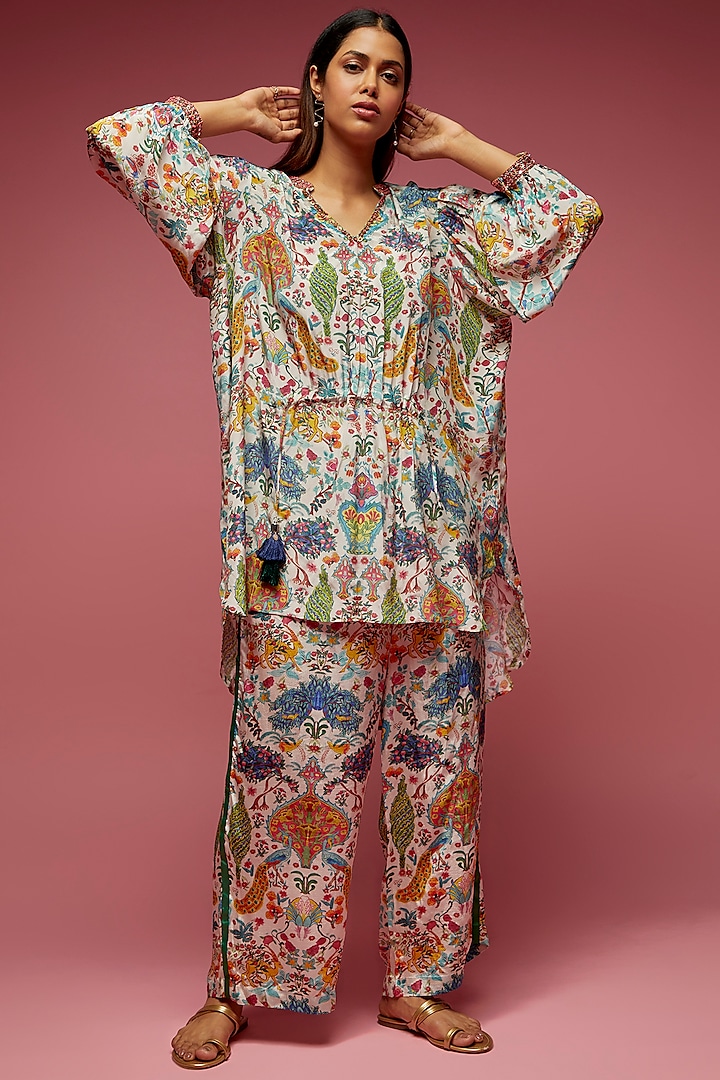 Ivory Crepe Hand Embroidered Co-Ord Set by Rajat tangri at Pernia's Pop Up Shop