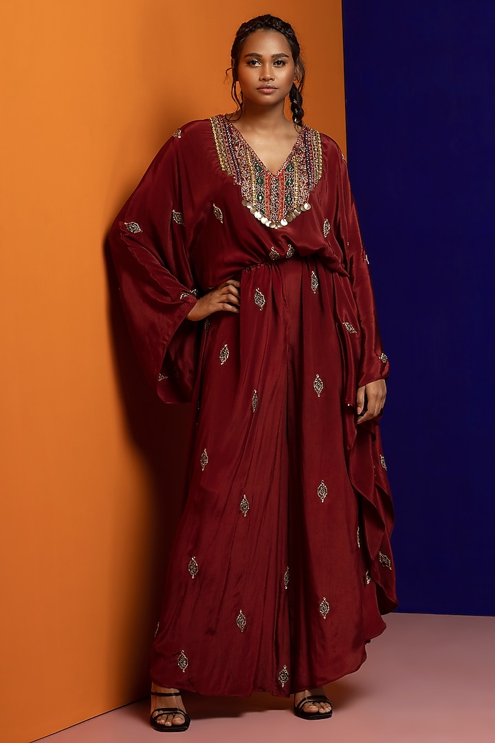 Plum Hand Embroidered Jumpsuit by Rajat tangri 