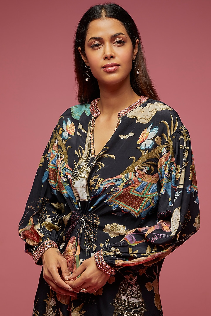Black Crepe Hand Embroidered Co-Ord Set by Rajat tangri at Pernia's Pop Up Shop