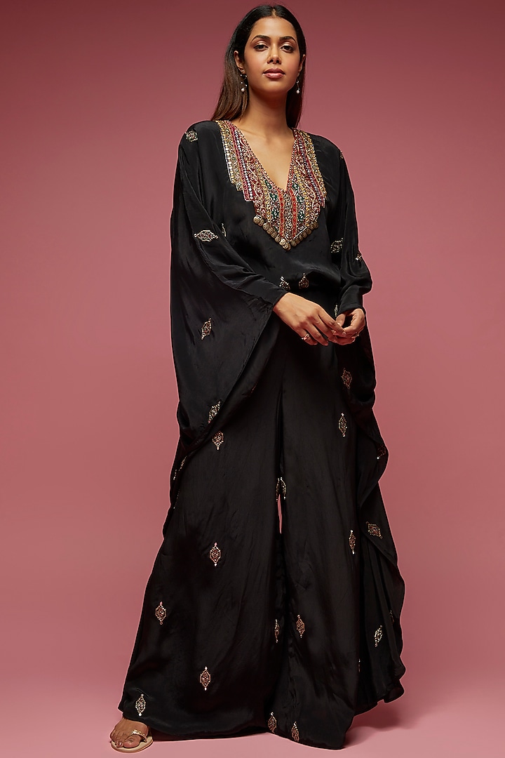 Black Crepe Hand Embroidered Jumpsuit by Rajat tangri 