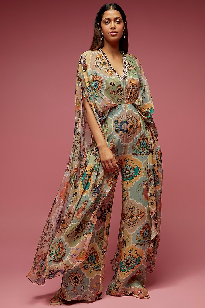 Multi-Colored Georgette Hand Embroidered Cowl Jumpsuit by Rajat tangri 