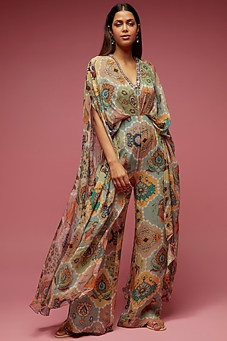 Multi-Colored Georgette Hand Embroidered Cowl Jumpsuit by Rajat tangri 