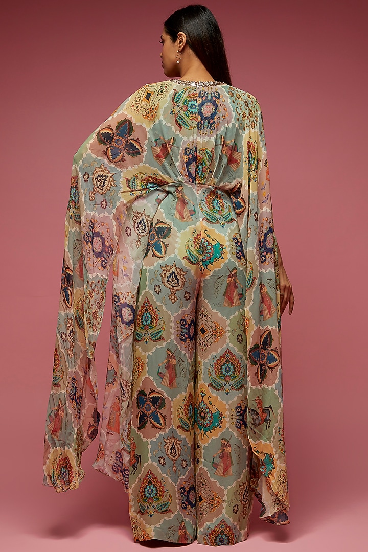 Multi-Colored Georgette Hand Embroidered Cowl Jumpsuit by Rajat tangri at Pernia's Pop Up Shop