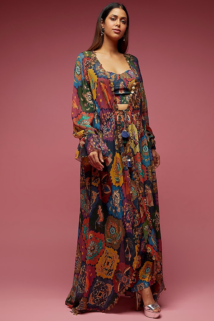 Multi-Colored Crepe Hand Embroidered Jacket Set by Rajat tangri 