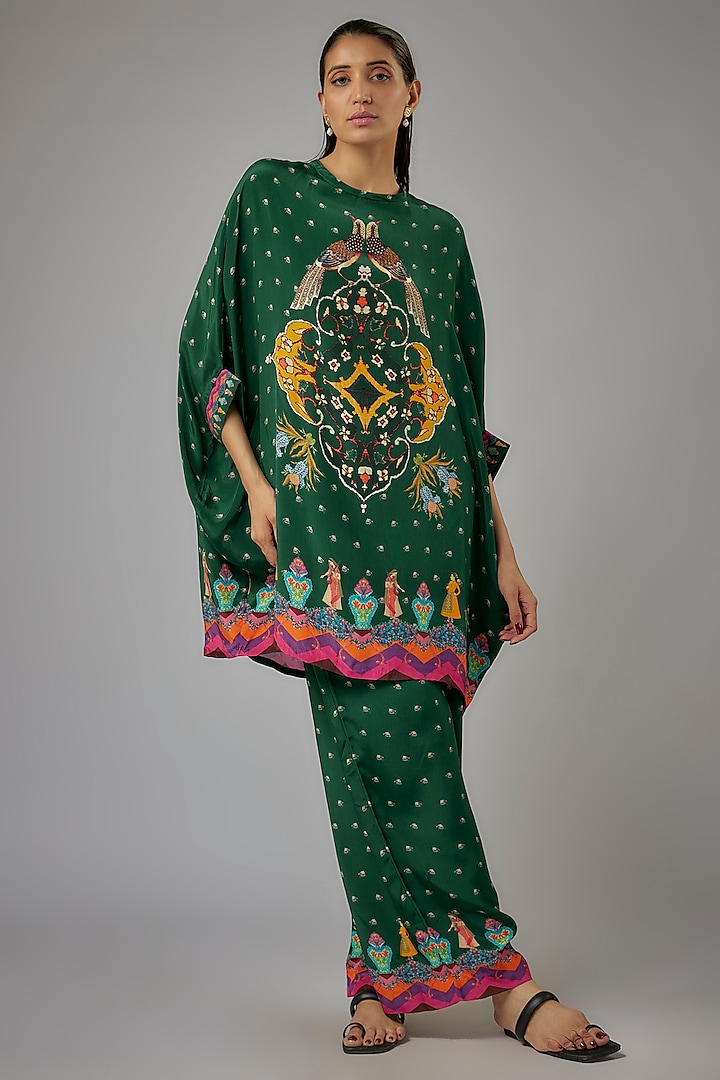 Green Crepe Printed Kaftan Set by Rajat tangri  at Pernia's Pop Up Shop